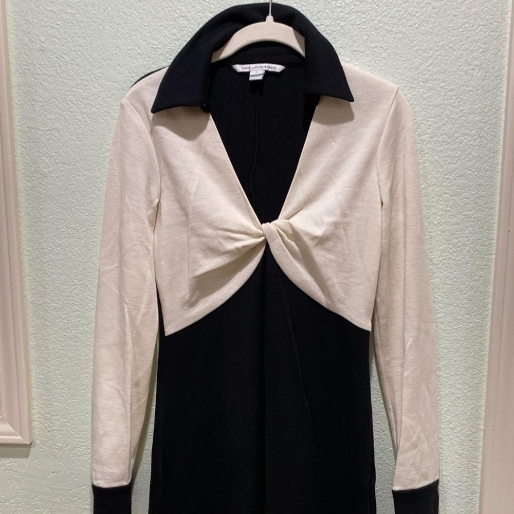 Diane Von Furstenberg Two-Tone Black and Cream Twist Front Dress